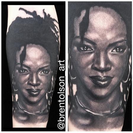 Brent Olson - black and gray realitic portrait of Lauryn Hill tattoo. Brent Olson Art Junkies Tattoo